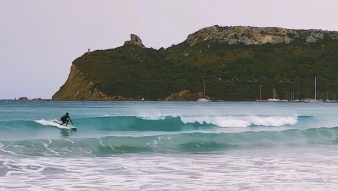 A surfer riding a wave in front of a rocky headland